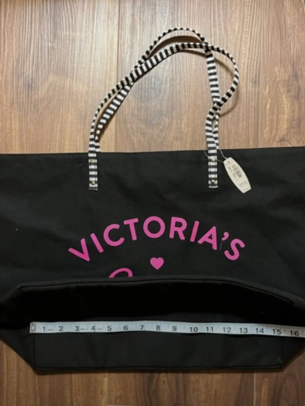 Victoria's Secret Black Canvas Beach summer travel Tote bag striped y2k oversize